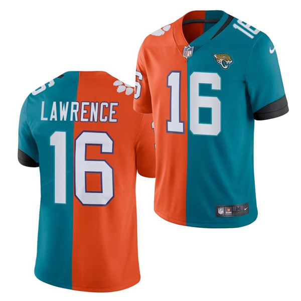 Men's Jacksonville Jaguars #16 Trevor Lawrence 2021 Teal & Orange Draft NFL Split Vapor Untouchable Limited Stitched Jersey Men's Jacksonville Jaguars #16 Trevor Lawrence 2021 Teal & Orange Draft NFL Split Vapor Untouchable Limited Stitched Jersey
